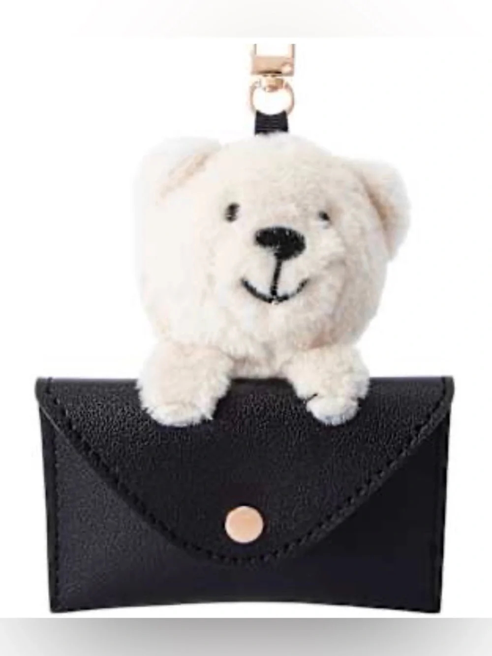 NEW Plush Bear Card Holder Keychain - Bag Charm Cream Bear with Black Pouch
